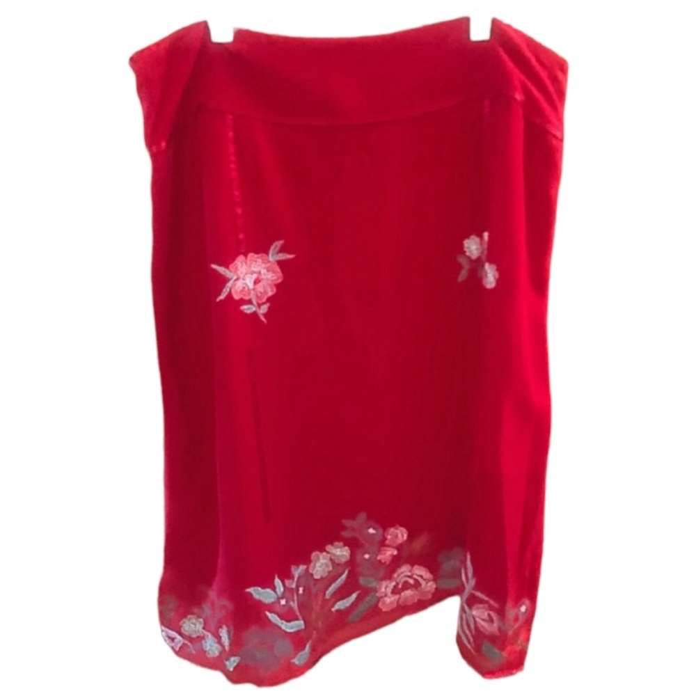 Beautiful INC RED silk skirt; floral embroidery in multi colors